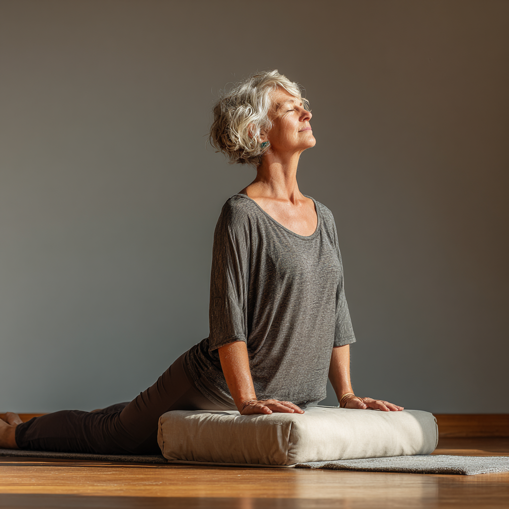 Жінка середнього віку виконує йогу на природі