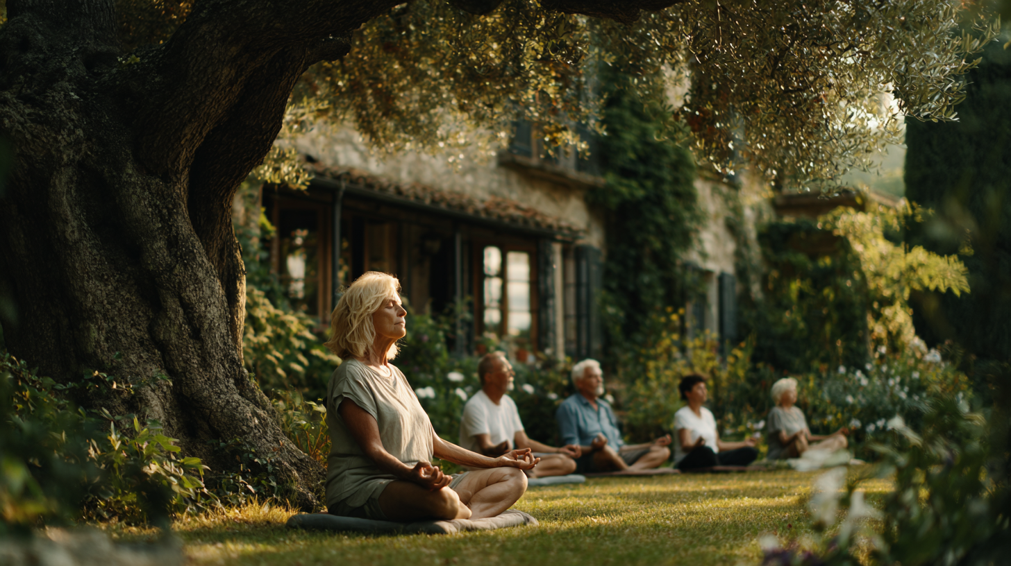 Група людей зрілого віку займається йогою в парку